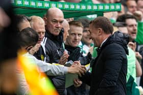 Celtic manager Brendan Rodgers celebrates with coach Gavin Strachan after the opening goal in the 3-0 win over Hearts. (Photo by Craig Foy / SNS Group)