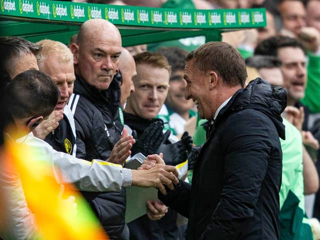 Celtic manager Brendan Rodgers celebrates with coach Gavin Strachan after the opening goal in the 3-0 win over Hearts. (Photo by Craig Foy / SNS Group)