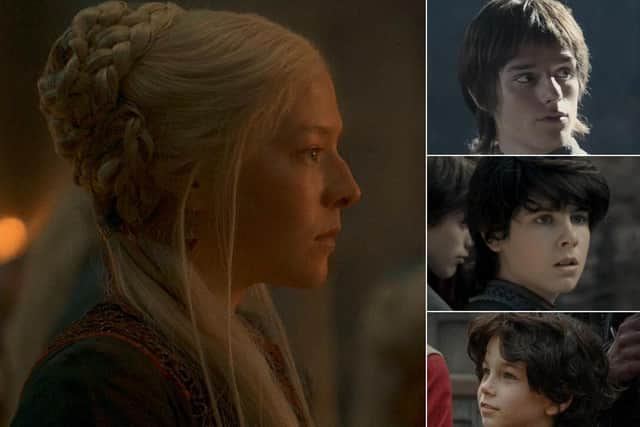 Rhaenyra's children with Laenor Targaryen*: Jacaerys, Lucerys, and Joffrey Velaryon. *rumoured to be fathered by Harwin Strong (HBO)