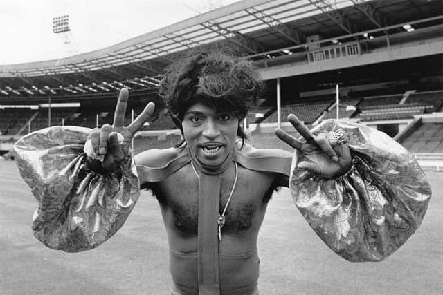 3rd August 1972:  Rock 'n' roll legend Little Richard in costume at an empty Wembley Stadium, during rehearsals for a concert.  (Photo by Tim Graham/Evening Standard/Getty Images)