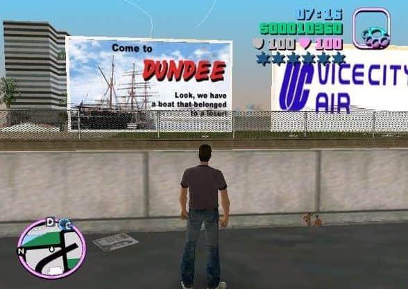 GTA Vice City includes a poster of the ship Discovery at Vice City airport, urging air passengers to “Come to Dundee”.