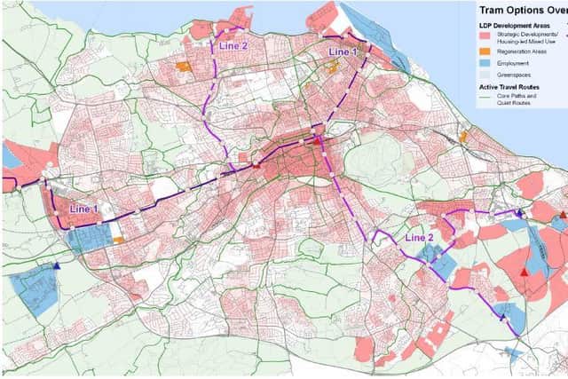 The planned route (Line 2 - purple) would connect Granton in the north with the south east of the city via Princes Street. The existing Edinburgh Airport to city centre tram route (Line 1 - darker colour) is being extended to Newhaven. Picture: Jacobs Aecom/City of Edinburgh Council