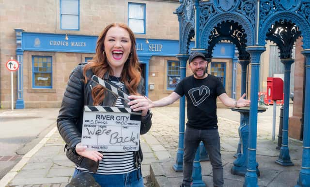 Gayle Telfer-Stevens, who plays Caitlin McLean, and Stephen Purdon, who plays Bob O'Hara, celebrate the re-start of filming today.