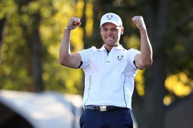 Martin Kaymer celebrates after making the winning putt on the 18th green in the 39th Ryder Cup at Medinah in 2012. Picture: Ross Kinnaird/Getty Images.