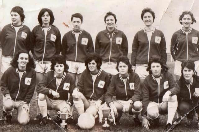 Elsie Cook pictured centre front of the Stewarton Thistle team that played in the first final of Women's FA Cup in 1971. The team lost 2-4 to Portsmouth Ladies. PIC: Elsie Cook.