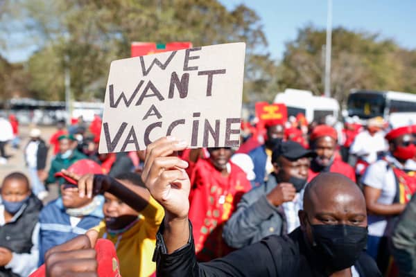 A protest march in Pretoria, South Africa, calling for more Covid vaccines to be made available (Picture: Phill Magakoe/AFP via Getty Images)