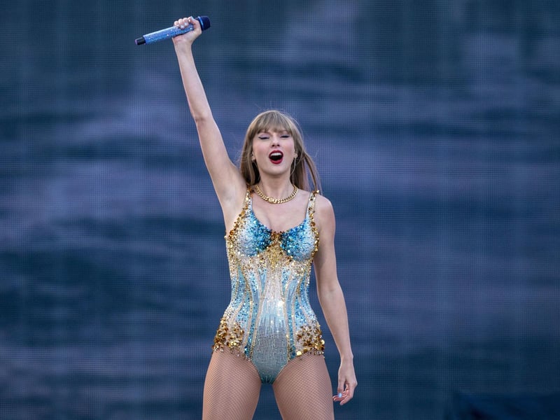 Taylor Swift performs on stage during her Eras Tour at the Murrayfield Stadium in Edinburgh.