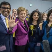 First Minister Nicola Sturgeon with SNP's Zen Ghani, Roza Salih (second right) and Susan Aitken (right) at the Glasgow City Council count at the Emirates Arena in Glasgow, in the local government elections. Picture: PA