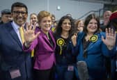 First Minister Nicola Sturgeon with SNP's Zen Ghani, Roza Salih (second right) and Susan Aitken (right) at the Glasgow City Council count at the Emirates Arena in Glasgow, in the local government elections. Picture: PA