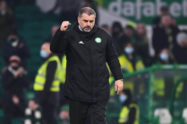 Celtic manager Ange Postecoglou celebrates the 2-0 win over Hibs.