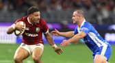 Sione Tuipulotu of the British & Irish Lions is tackled by Dylan Pietsch tackles during the tour match against Western Force at the Optus Stadium in Perth, Australia.  (Photo by David Rogers/Getty Images)