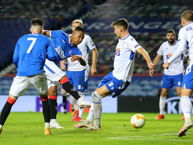 Alfredo Morelos takes a shot against Lech Poznan at Ibrox  (Photo by Robert Perry - Pool/Getty Images)