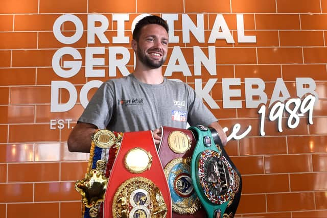 Scottish undisputed Super-Lightweight World Champion Josh Taylor with all four belts following his historical win over Jose Ramirez in Las Vegas. (Picture: John Devlin)