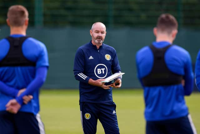 Steve Clarke addresses his squad at a Scotland training session at the Oriam in Edinburgh