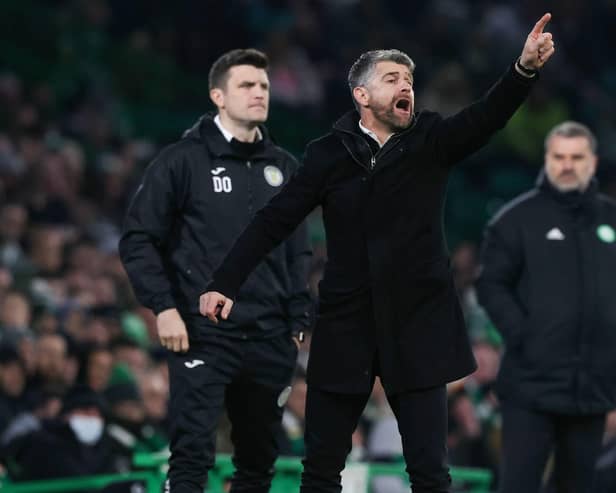 St Mirren manager Stephen Robinson directs his players during the 2-0 defeat at Celtic Park.  (Photo by Craig Williamson / SNS Group)