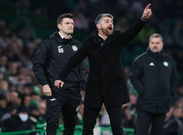 St Mirren manager Stephen Robinson directs his players during the 2-0 defeat at Celtic Park.  (Photo by Craig Williamson / SNS Group)