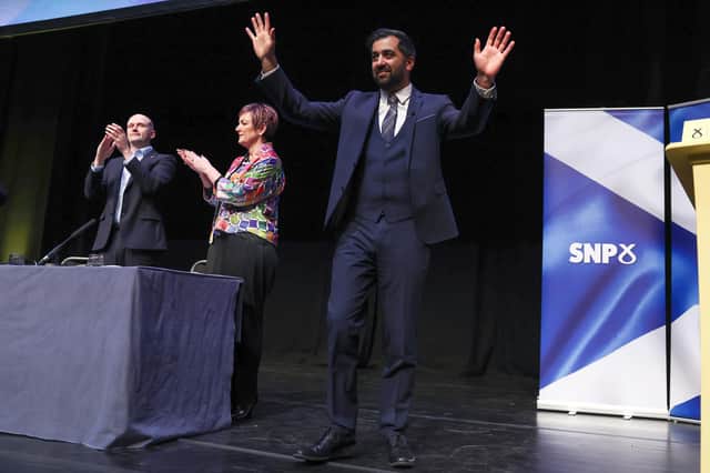 First Minister Humza Yousaf at the SNP's campaign conference. Image: Jeff J Mitchell/Getty Images.