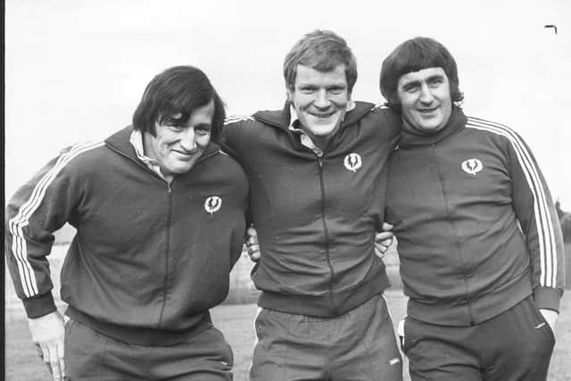 Sandy Carmichael, left, with Scotland front-row team-mates Duncan Madsen and Ian McLauchlan. Picture: Jack Crombie