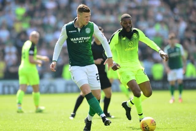 Florian Kamberi back when he was scoring goals for Hibs, against Celtic in 2019.