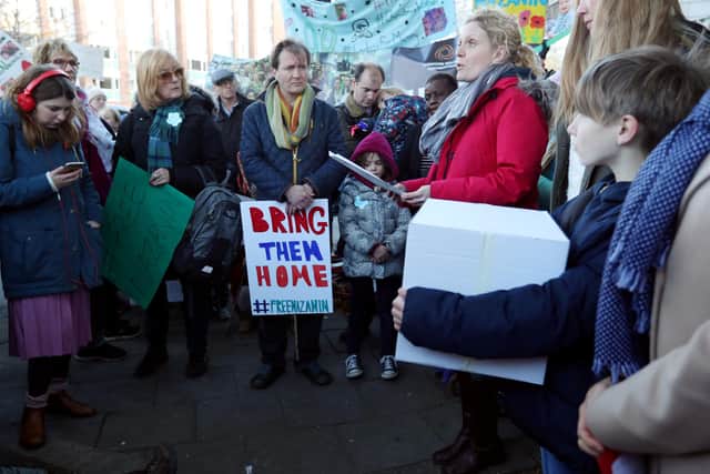 Richard Ratcliffe (centre) listening to his sister Rebecca Ratcliffe (right) as they take part in a march to the Shia Islamic Centre of England in Maida Vale, north London, to hand in a 'Mothers' Open Letter' asking for Nazanin Zaghari-Ratcliffe's release from prison. Picture: PA
