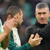 Hibs manager Nick Montgomery applauds the fans after the 0-0 draw with Dundee. (Photo by Simon Wootton / SNS Group)