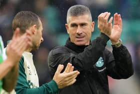 Hibs manager Nick Montgomery applauds the fans after the 0-0 draw with Dundee. (Photo by Simon Wootton / SNS Group)