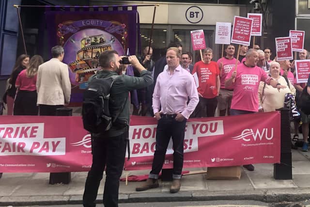 Labour MP Sam Tarry joins Communication Workers Union members on the picket line at BT Tower (Picture: Maighna Nanu/PA)