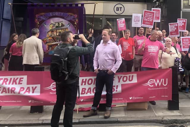 Labour MP Sam Tarry joins Communication Workers Union members on the picket line at BT Tower (Picture: Maighna Nanu/PA)