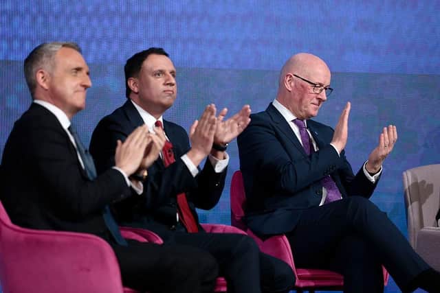 Alex Cole-Hamilton, leader of the Scottish Liberal Democrats, Anas Sarwar, Leader of the Labour Party in Scotland and John Swinney, SNP leader and First Minister of Scotland at an event this month (Picture: Jeff J Mitchell/Getty Images)