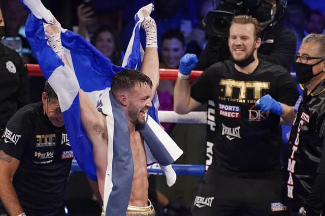 Josh Taylor celebrates after defeating Jose Ramirez by a unanimous decision in Las Vegas. Picture: John Locher/AP