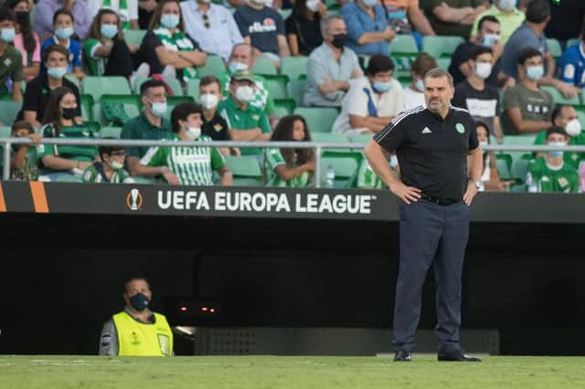Celtic's Australian head coach Ange Postecoglou reacts during the UEFA Europa League football match between Real Betis and Celtic FC at the Benito Villamarin stadium in Seville on September 16, 2021. (Photo by JORGE GUERRERO/AFP via Getty Images)