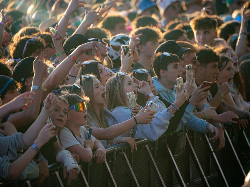 Crowds watch D-Block Europe perform on the other stage at Glastonbury Festival