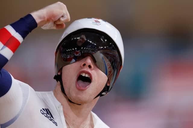Britain's Jack Carlin celebrates after winning Olympic bronze in the men's track cycling sprint at Izu Velodrome. Picture: AFP via Getty Images
