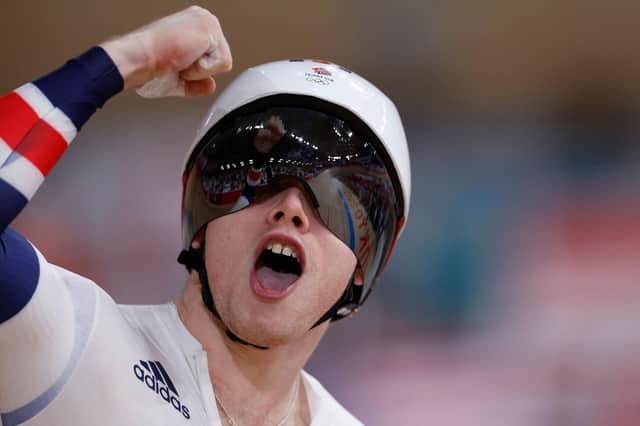 Britain's Jack Carlin celebrates after winning Olympic bronze in the men's track cycling sprint at Izu Velodrome. Picture: AFP via Getty Images