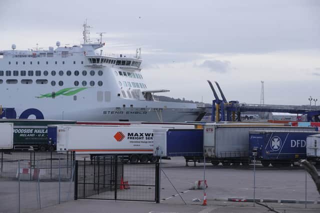 A Stena Ferry and freight trucks in Belfast where the port has been at the centre of Brexit tensions.