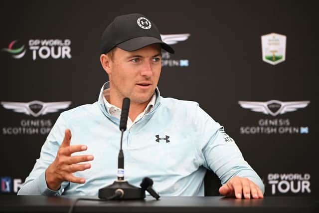Jordan Spieth talks to the media during a press conference prior to the Genesis Scottish Open at The Renaissance Club in East Lothian. Picture: Octavio Passos/Getty Images.