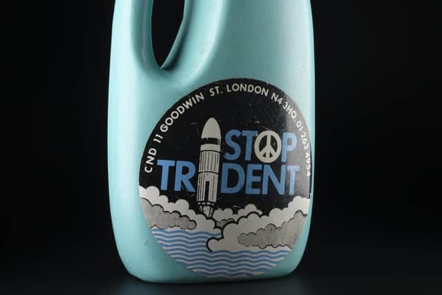 A protest rattle made from a laundry detergent bottle used on a peace march in Scotland in 1982