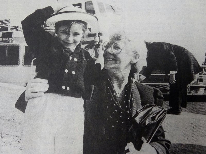 April 1991 - the launch of the new ferry service from Burntisland to Edinburgh. The official ceremony was peformed by Linda Cameron (6) from Burntisland who won a competition run by the Fife Free Press, to do the honours. She was put forward by her gran, Margaret Casey, to launch the 780-foot catamaran.