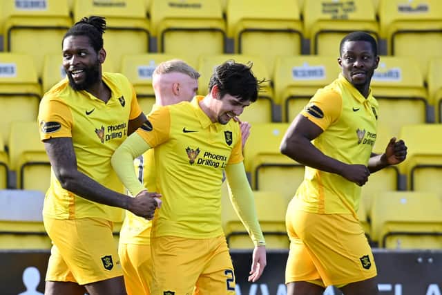 Livingston striker Jay Emmanuel-Thomas (L) celebrates his goal to make it 1-0 v Hamilton Accies (Photo by Rob Casey / SNS Group)