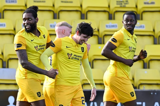 Livingston striker Jay Emmanuel-Thomas (L) celebrates his goal to make it 1-0 v Hamilton Accies (Photo by Rob Casey / SNS Group)
