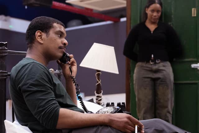 Caleb Roberts and Shannon Hayes in rehearsals for The Mountaintop PIC: Daniel Holden