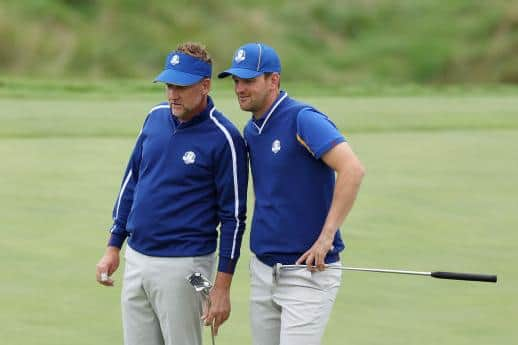 Ian Poulter and Bernd Wiesberger during a practice round prior to the 43rd Ryder Cup at Whistling Straits in Kohler, Wisconsin. Picture: Richard Heathcote/Getty Images.