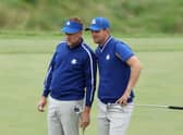 Ian Poulter and Bernd Wiesberger during a practice round prior to the 43rd Ryder Cup at Whistling Straits in Kohler, Wisconsin. Picture: Richard Heathcote/Getty Images.