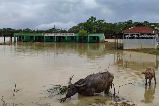 Flooded school buildings in Sylhet, north-east Bangladesh, during the country’s worst floods in decades.