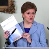 Nicola Sturgeon unveils her 'scene setter' at Bute House last week  (Photo by Russell Cheyne - Pool/Getty Images)