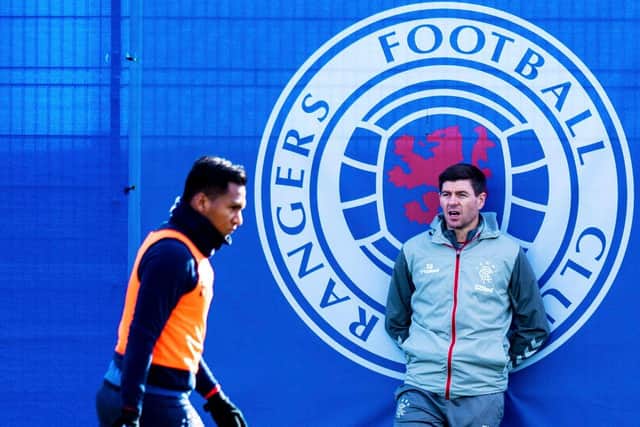 Alfredo Morelos trains at the Rangers Training Centre under the watchful eye of Steven Gerrard