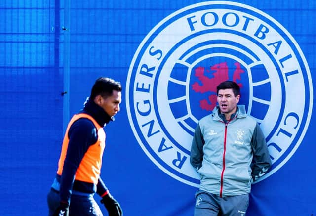 Alfredo Morelos trains at the Rangers Training Centre under the watchful eye of Steven Gerrard