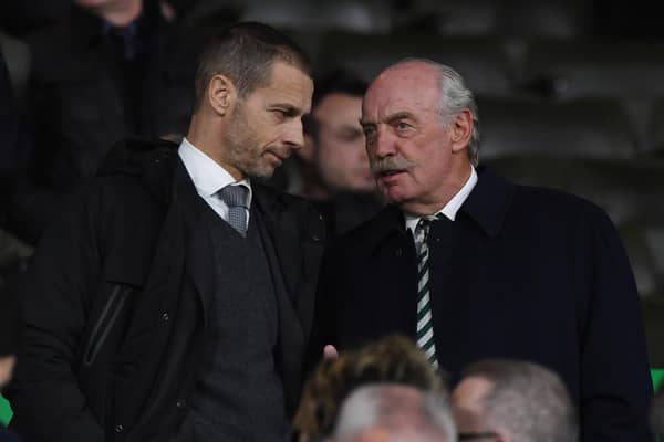 Uefa president Aleksander Ceferin (left) with Celtic majority shareholder Dermot Desmond at a Europa League encounter in 2019. Picture: SNS