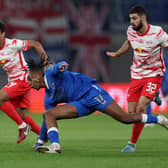 LEIPZIG, GERMANY - APRIL 28: Joe Aribo of Rangers is challenged by Tyler Adams and Josko Gvardiol of RB Leipzig during the UEFA Europa League Semi Final Leg One match between RB Leipzig and Rangers at Football Arena Leipzig on April 28, 2022 in Leipzig, Germany. (Photo by Maja Hitij/Getty Images)