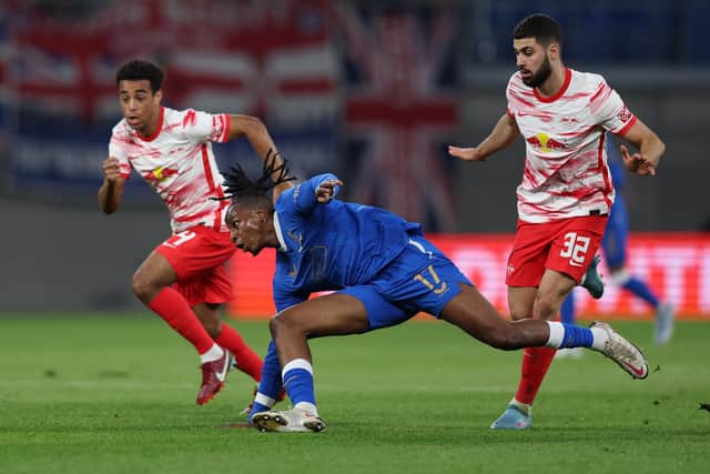 LEIPZIG, GERMANY - APRIL 28: Joe Aribo of Rangers is challenged by Tyler Adams and Josko Gvardiol of RB Leipzig during the UEFA Europa League Semi Final Leg One match between RB Leipzig and Rangers at Football Arena Leipzig on April 28, 2022 in Leipzig, Germany. (Photo by Maja Hitij/Getty Images)
